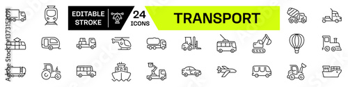 Transport icon set. Linear style. Editable Stroke.