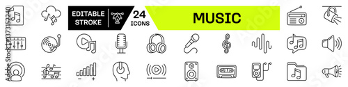 Music icon set. Linear style. Editable Stroke.