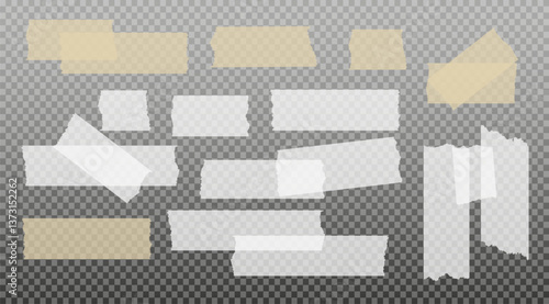 Scotch tape. Sticky paper tape. Adhesive Transparent sticky stripe. Sticker for collage, fixing photo notes. Vector