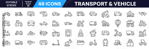 Transport and vehicle icon set. Linear style. Editable Stroke.