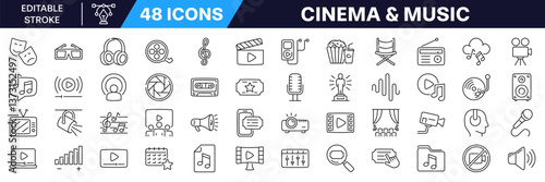 Cinema and music icon set. Linear style. Editable Stroke.