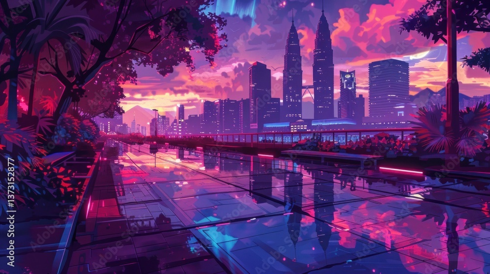 Fototapeta premium Futuristic Cityscape at Dusk with Reflective Water and Lush Greenery