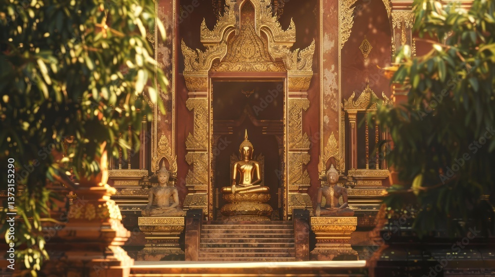 Fototapeta premium Golden Serenity Ornate Shrine with Buddha Statues and Lush Greenery