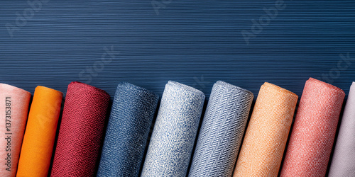 Fabric Rolls: Array of colorful textile samples on a blue wood surface. Variety of textures and colors.