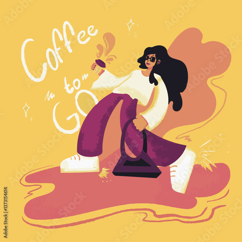 Girl with coffee. Flat style. Vector illustration isolated on monochrome background. Element for coffee designs. Poster.
