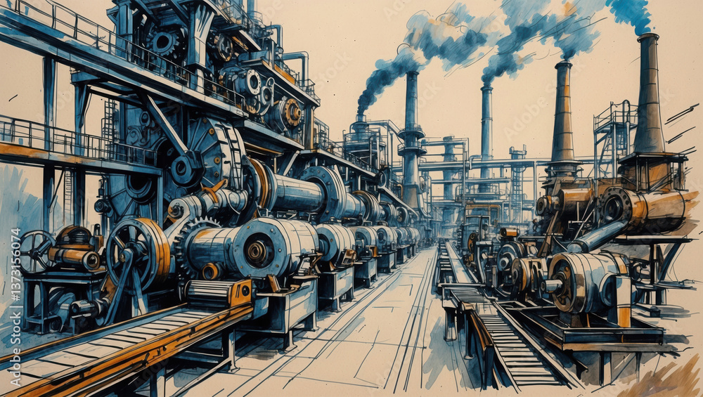 Fototapeta premium Industrial Factory View Ink Drawing. Factory machines producing smoke from tall pipes. Blue and tan building machinery line perspective with conveyor.