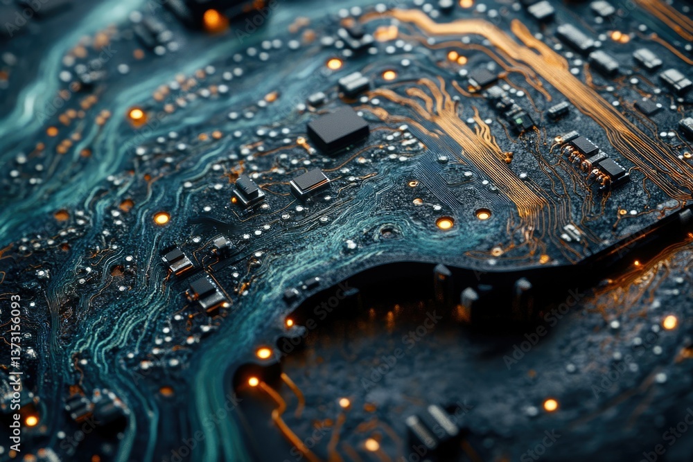 Fototapeta premium A close-up view reveals the intricate design and components of a complex electronic circuit board, showcasing modern technology and microchip engineering.