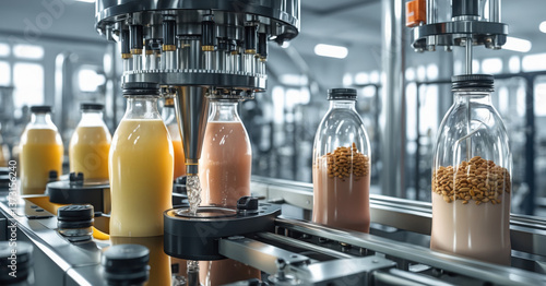 Factory fills glass bottles with colorful liquids and granules on conveyor belt. Automatic machine pouring content inside containers in food production line.