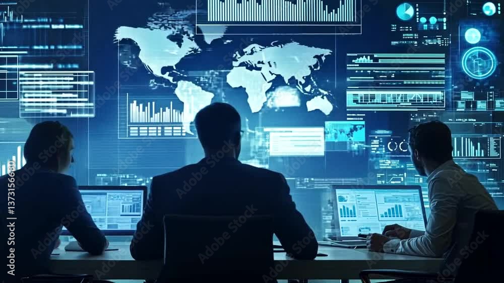Team of analysts working collaboratively in a modern office, analyzing global data trends on multiple screens Team of analysts working collaboratively in a modern office, analyzing global data trends on multiple screens