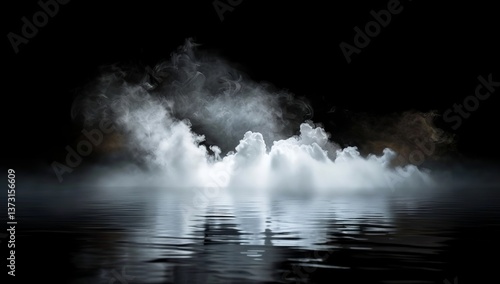 Abstract white smoke on a black background, fog and mist over a water surface. A dark room with a