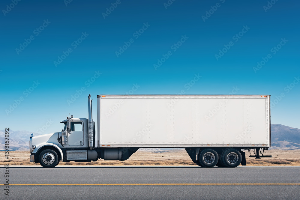 A truck with white blank trailer featuring copy space for text or logo placement A truck with white blank trailer featuring copy space for text or logo placement