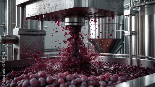 Grape crushing machine. Red grape juice splashes within industrial factory. Stainless steel equipment pushes down on grapes. Liquid flows and splashes.