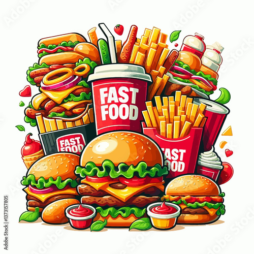 Póster de logotipo de comida rápida en una ilustración vectorial sobre fondo blanco, formato EPS10, perfecto para publicidad de comida rápida con un diseño brillante y apetitoso.