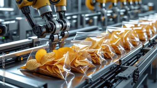 Factory machine arm packs golden potato chips inside transparent plastic bags on silver assembly line. Food industry automation system conveyor belt.