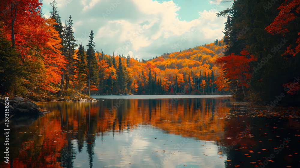 Fototapeta premium Scenic autumn lake landscape. Peaceful scene of a pristine lake reflecting colorful fall foliage with orange and red trees against a backdrop of rolling hills and a cloudy sky.
