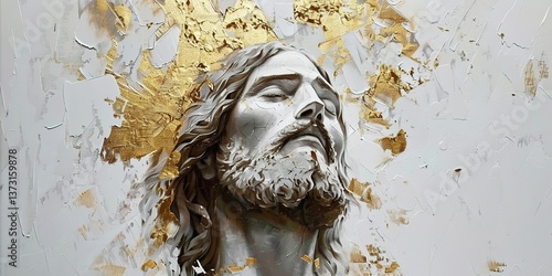 Panel kuchenny z motywem Jesus portrait, gold leaf and white paint on canvas, white background, oil painting, abstract art