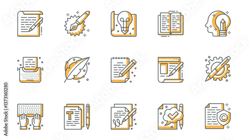 Copywriting icons set in outline stroke design for web. Pack line pictograms with article, writing, idea, inspiration, book, creativity, typewriter, intellectual property, other. Vector illustration.
