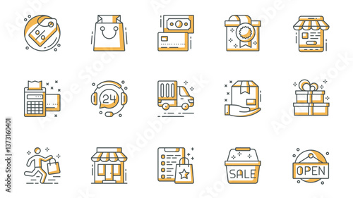 E-commerce icons set in outline stroke design for web. Pack line pictograms with discount, price tag, shopping bag, money, credit card, gift, payment, customer support, other. Vector illustration.