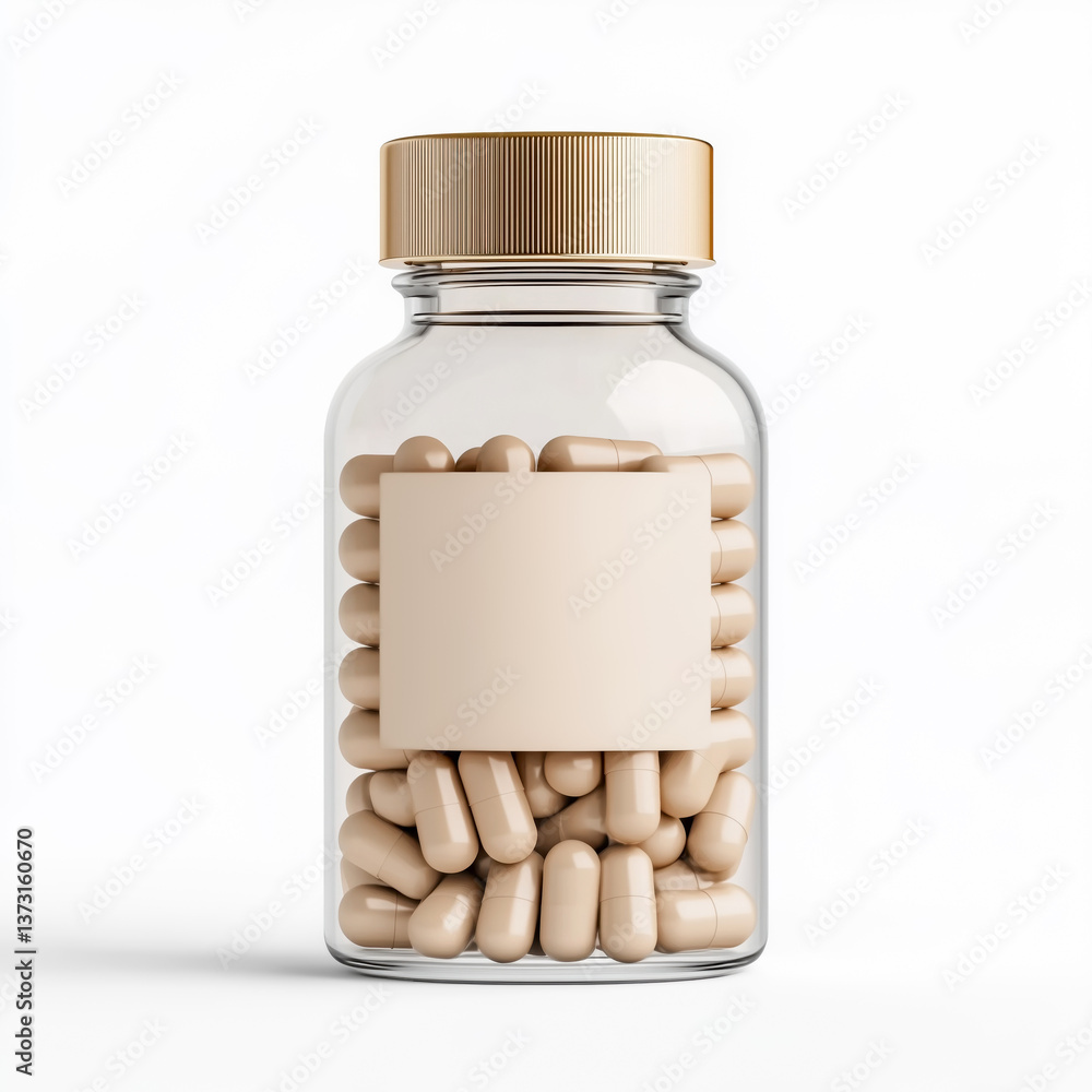 Transparent medicine jar with blank mock up label filled with capsules Transparent medicine jar with blank mock up label filled with capsules