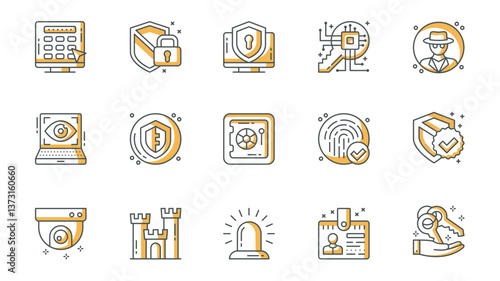 Security icons set in outline stroke design for web. Pack line pictograms with password, shield, padlock, computer firewall, key encryption, spy, eye scanner, fingerprint, other. Vector illustration.