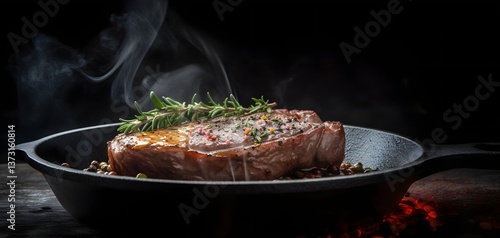 A sizzling steak rests in a cast-iron pan, garnished with fresh rosemary, its steam rising against a dark backdrop, creating a gourmet experience.