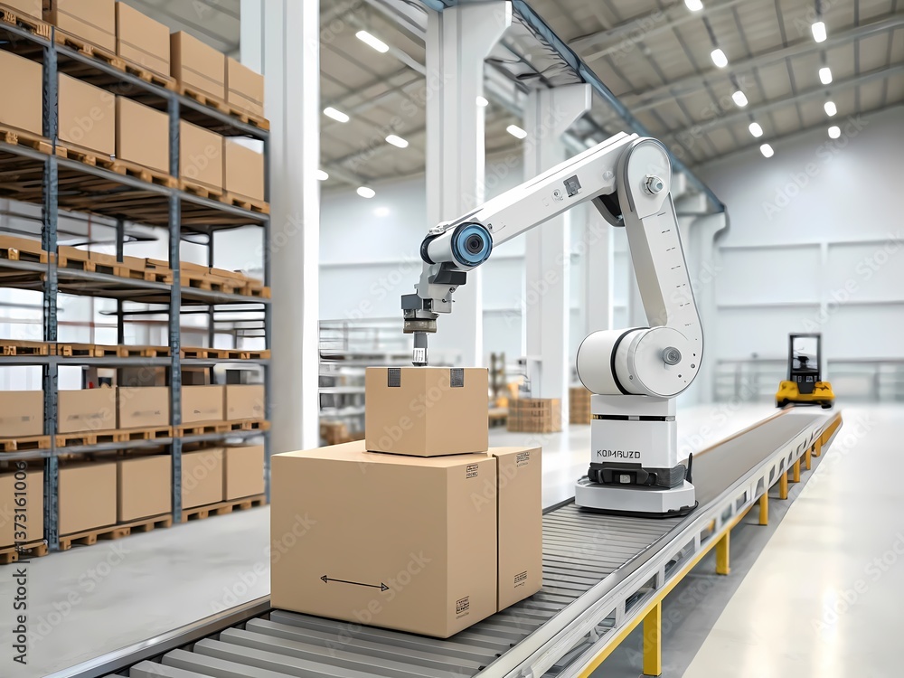 Naklejka premium Automated warehouse robotic arm conveyor belt system for packaging and distribution efficiency design