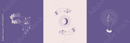 Mystical Hand Illustrations – Esoteric Symbolism and Spiritual Posters.Design Card Template with Magic Beautiful Woman Hands.Esoteric and mystical design elements
