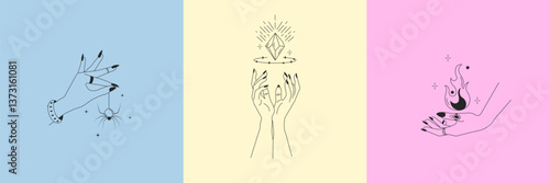 Mystical Hand Illustrations – Esoteric Symbolism and Spiritual Posters.Design Card Template with Magic Beautiful Woman Hands.Esoteric and mystical design elements