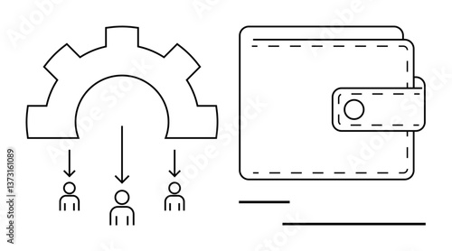 Gear symbol directs three people, representing workflow and team hierarchy, placed next to a wallet for finance or payment concept. Ideal for business process, finance, teamwork, automation, payment