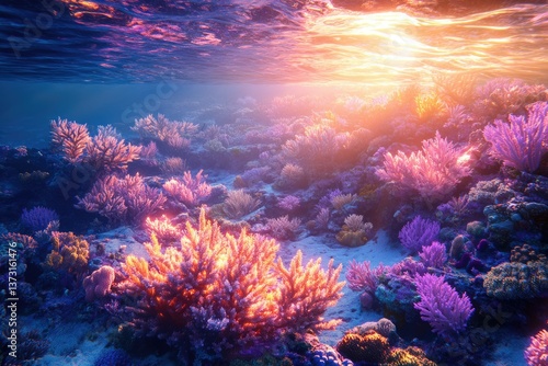 Vibrant underwater coral reef teeming with life, bathed in the warm, ethereal glow of the sun shining through the ocean surface.