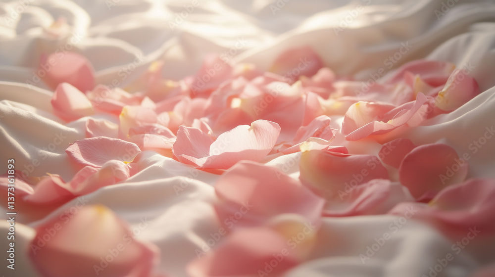 Obraz premium Pink rose petals on soft white fabric in morning light