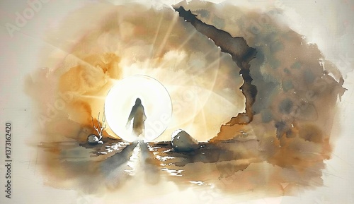 Watercolor painting of the silhouette emerging from an empty tomb, with white stone and a glowing