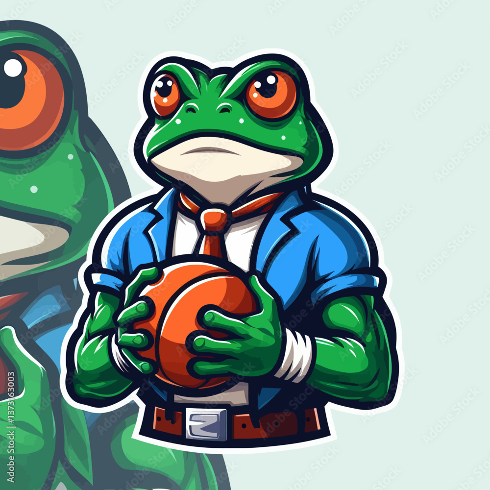 Obraz premium A frog mascot logo on a white background, crafted in EPS10 vector graphics format, perfect for posters, branding, or designs with a bright and friendly accent