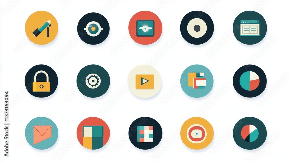 Fifteen Colorful Circle Icons Presenting Different Digital Application Symbols Fifteen Colorful Circle Icons Presenting Different Digital Application Symbols