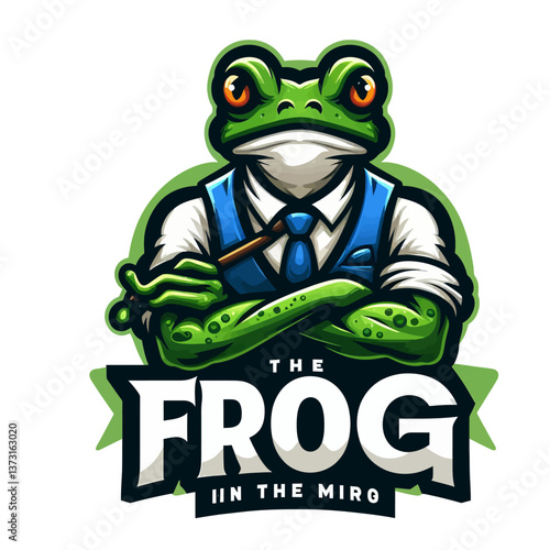 Logo di una mascotte a forma di rana su sfondo bianco, realizzato in formato grafico vettoriale EPS10, perfetto per poster, branding o design con un accento luminoso e amichevole.