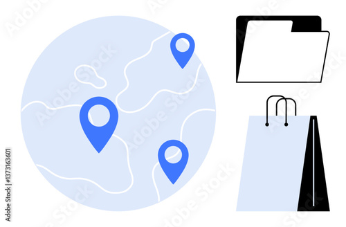 Map with pinpoint markers, folder icon, and shopping bag outline. Ideal for e-commerce, logistics, data organization, retail, delivery global business and navigation. Flat simple metaphor
