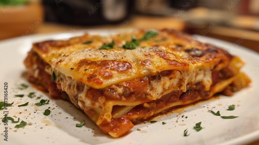 Close-Up of Homemade Beef Lasagna Topped with Melted Cheese and Fresh Herbs – Classic Italian Comfort Food on White Plate Close-Up of Homemade Beef Lasagna Topped with Melted Cheese and Fresh Herbs – Classic Italian Comfort Food on White Plate