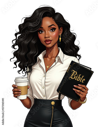 Confident Black Woman with Bible and Coffee Clipart PNG