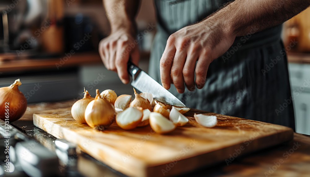 Obraz premium Middle aged caucasian chef preparing onions in kitchen. concept of culinary skill, cooking expertise, professional chef work