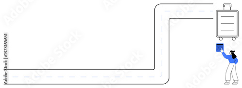 Person lifting and placing suitcase on conveyor belt with curved trajectory. Ideal for travel, transportation, airport logistics, preparation, effort, process workflow, flat simple metaphor