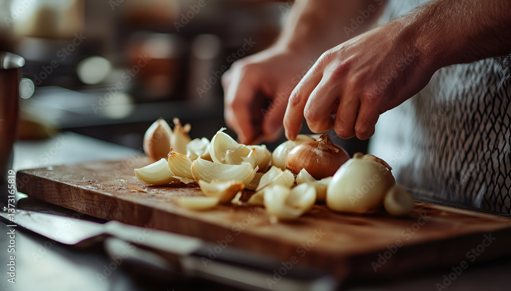 Middle aged caucasian chef preparing onions in kitchen. concept of culinary skill, cooking expertise, professional chef work Middle aged caucasian chef preparing onions in kitchen. concept of culinary skill, cooking expertise, professional chef work