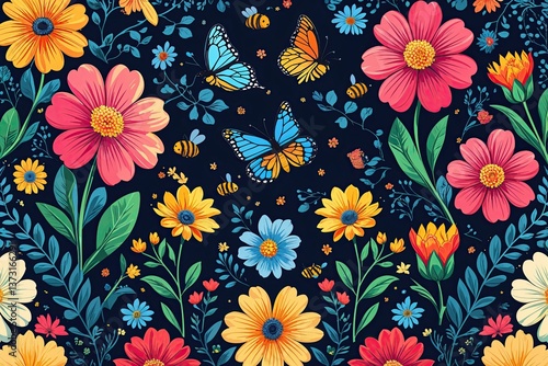 Vibrant Floral Vector Art Featuring Butterflies and Bees for Spring and Summer Celebrations
