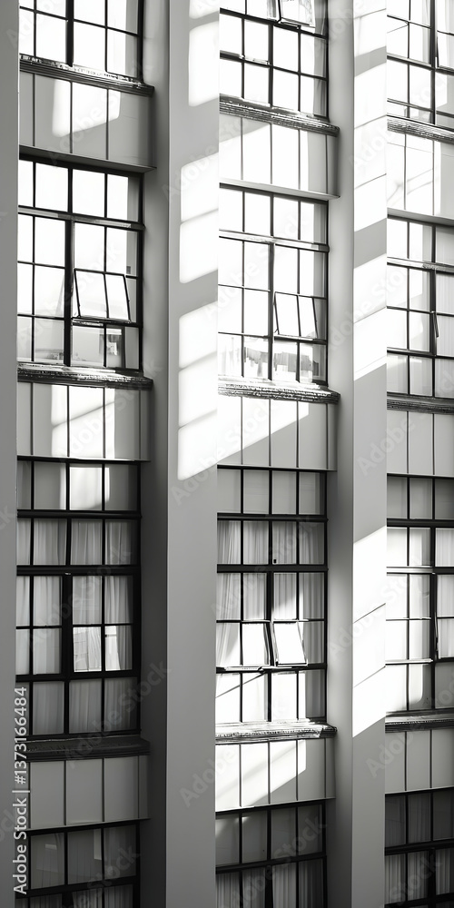 Black and White City Building Exterior with Sunlight and Shadows Black and White City Building Exterior with Sunlight and Shadows