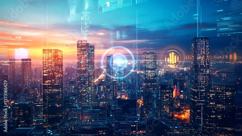 Wallpaper Mural A vibrant city skyline at sunset, showcasing modern skyscrapers and digital overlays, symbolizing innovation Torontodigital.ca