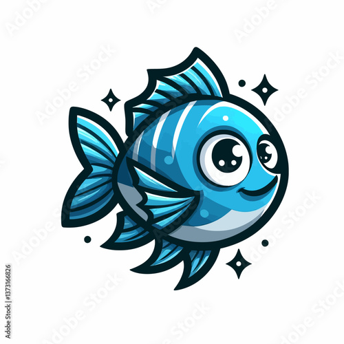 Poisson de dessin animé en style logo ou emblème, réalisé en format vectoriel EPS10 sur fond blanc, parfait pour les marques avec un accent marin amusant et convivial.