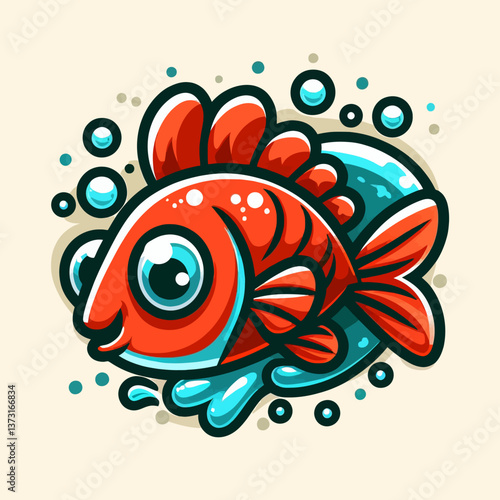 Poisson de dessin animé en style logo ou emblème, réalisé en format vectoriel EPS10 sur fond blanc, parfait pour les marques avec un accent marin amusant et convivial.