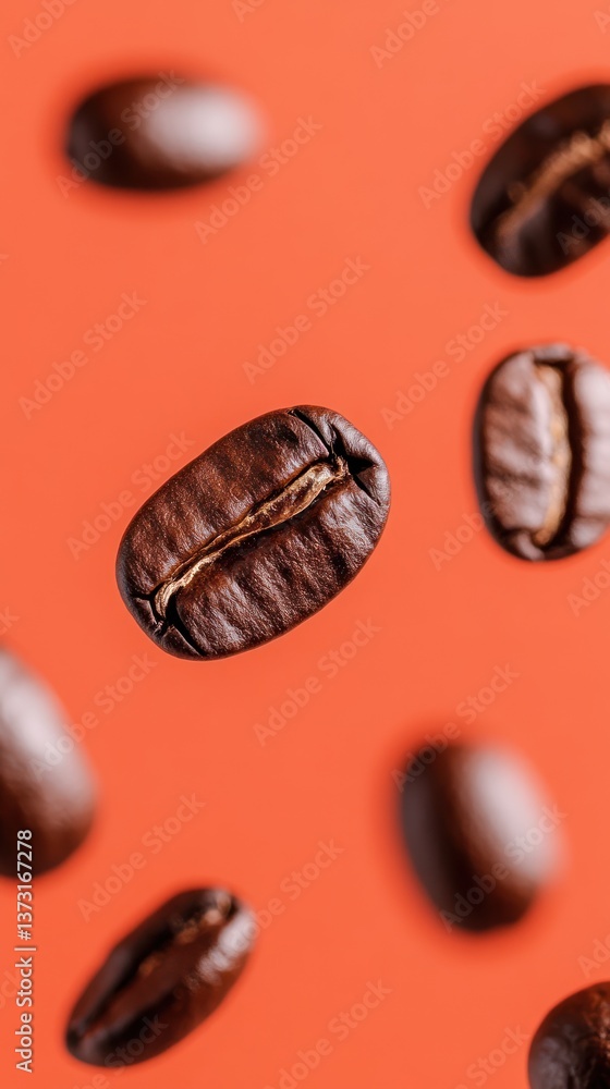 Fototapeta premium Roasted coffee beans floating against a vibrant orange background