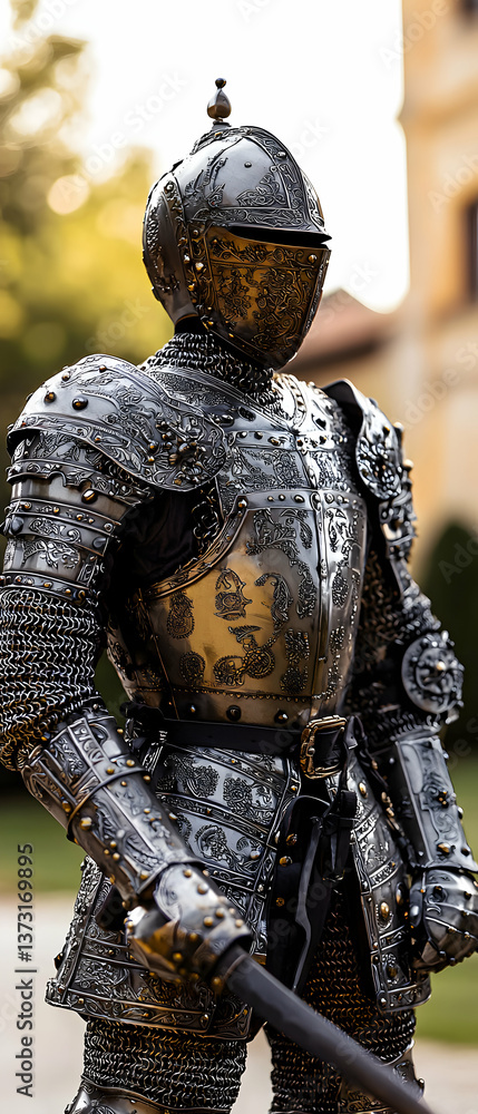 Dark Gray Metal Suit of Armor Sculpture in Outdoor Setting Dark Gray Metal Suit of Armor Sculpture in Outdoor Setting