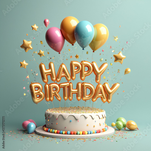 cake with 3d happy birthday text with baloons, confetti, plain background