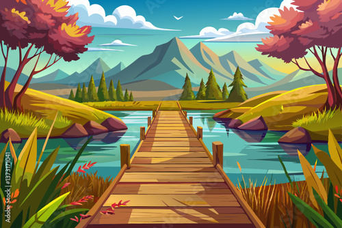 A peaceful wooden boardwalk stretching toward a still lake, captured in a soothing nature landscape